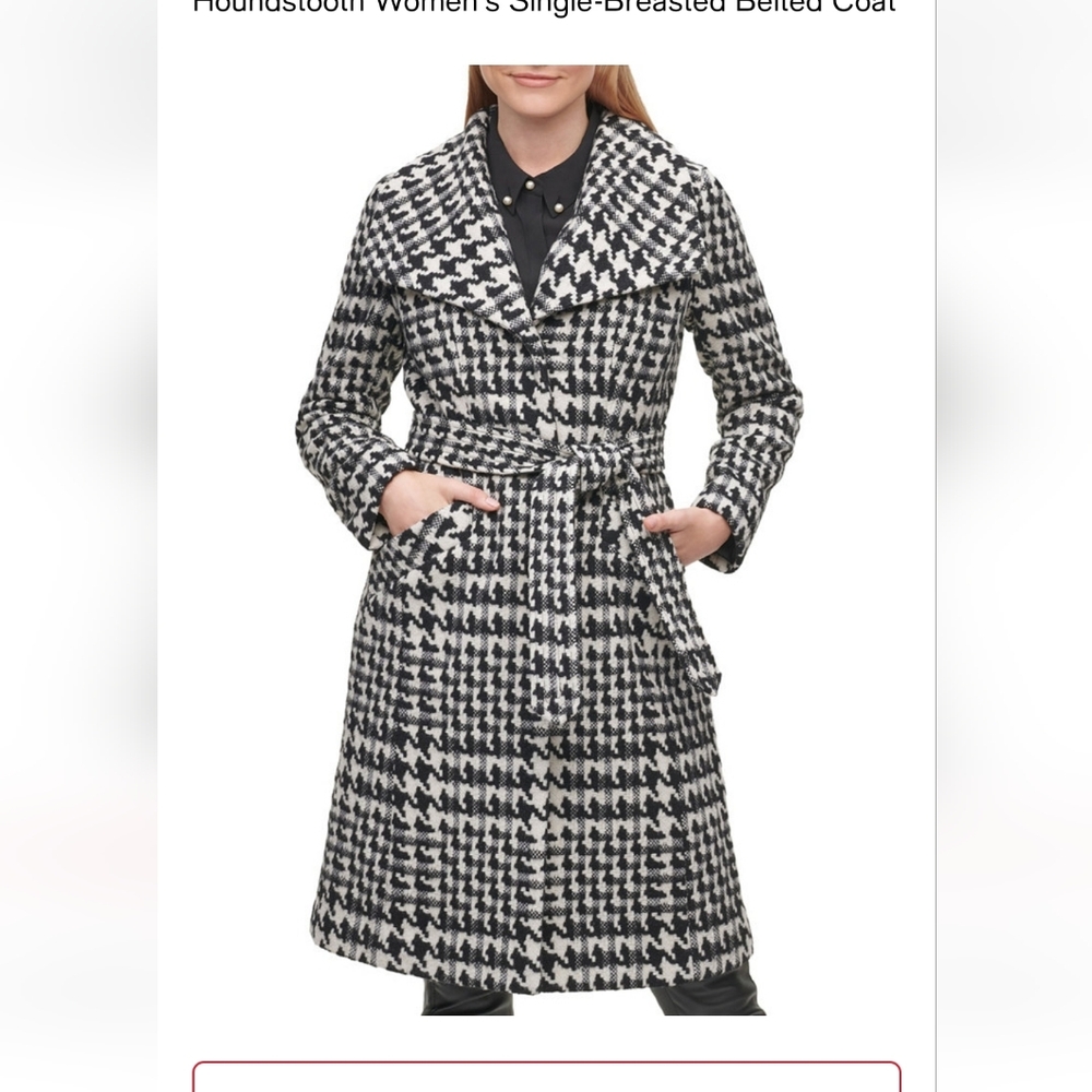 Karl Lagerfeld Women's Black White Houndstooth Wool Belted Coat-EUC